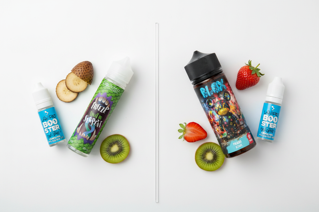 Illustration du format e-liquide 100ml : shortfill, boosters, avantages économiques et comparaison avec les formats 10ml et 50ml.