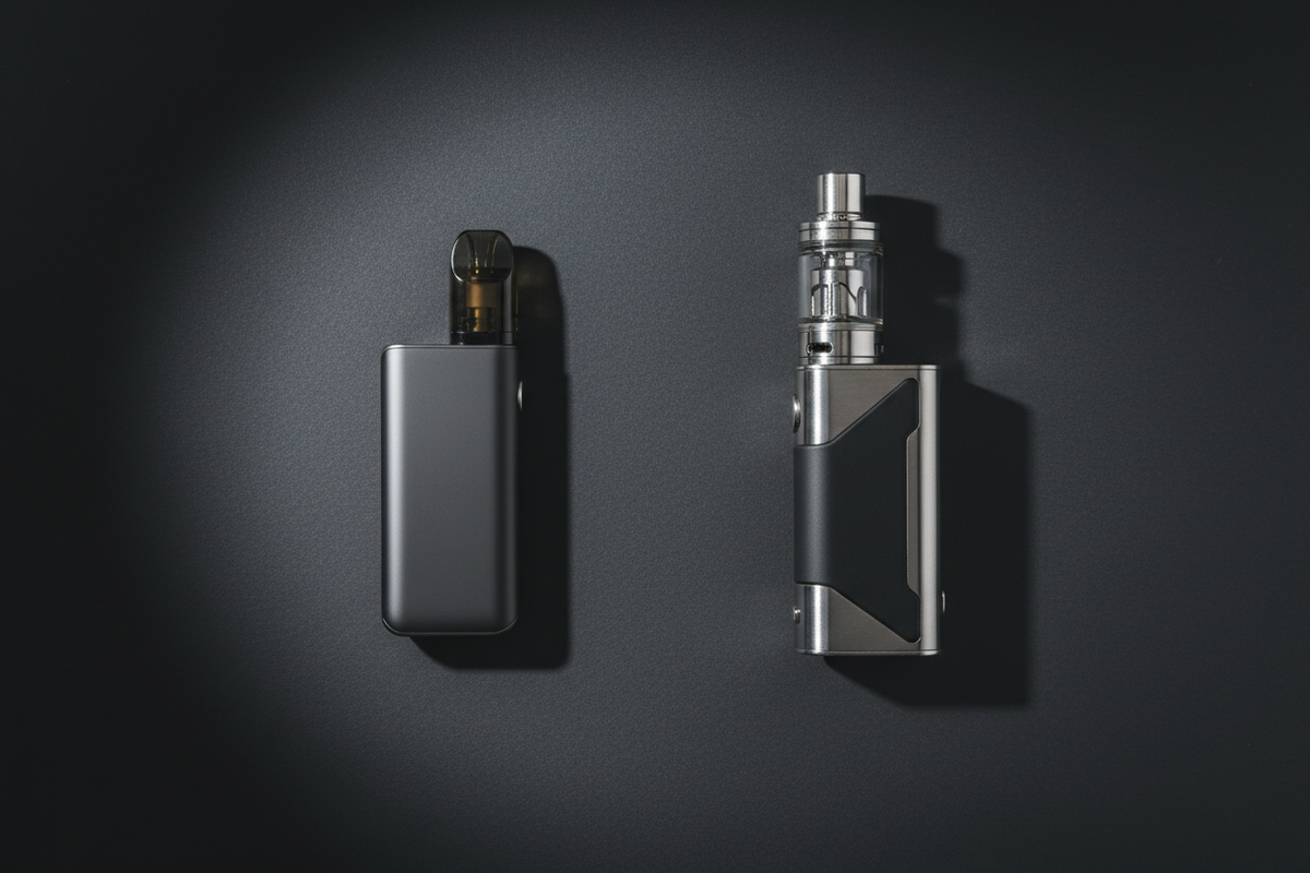 image montrant un pod compact à côté d’une cigarette électronique, mise en avant des différences de taille, autonomie et utilisation