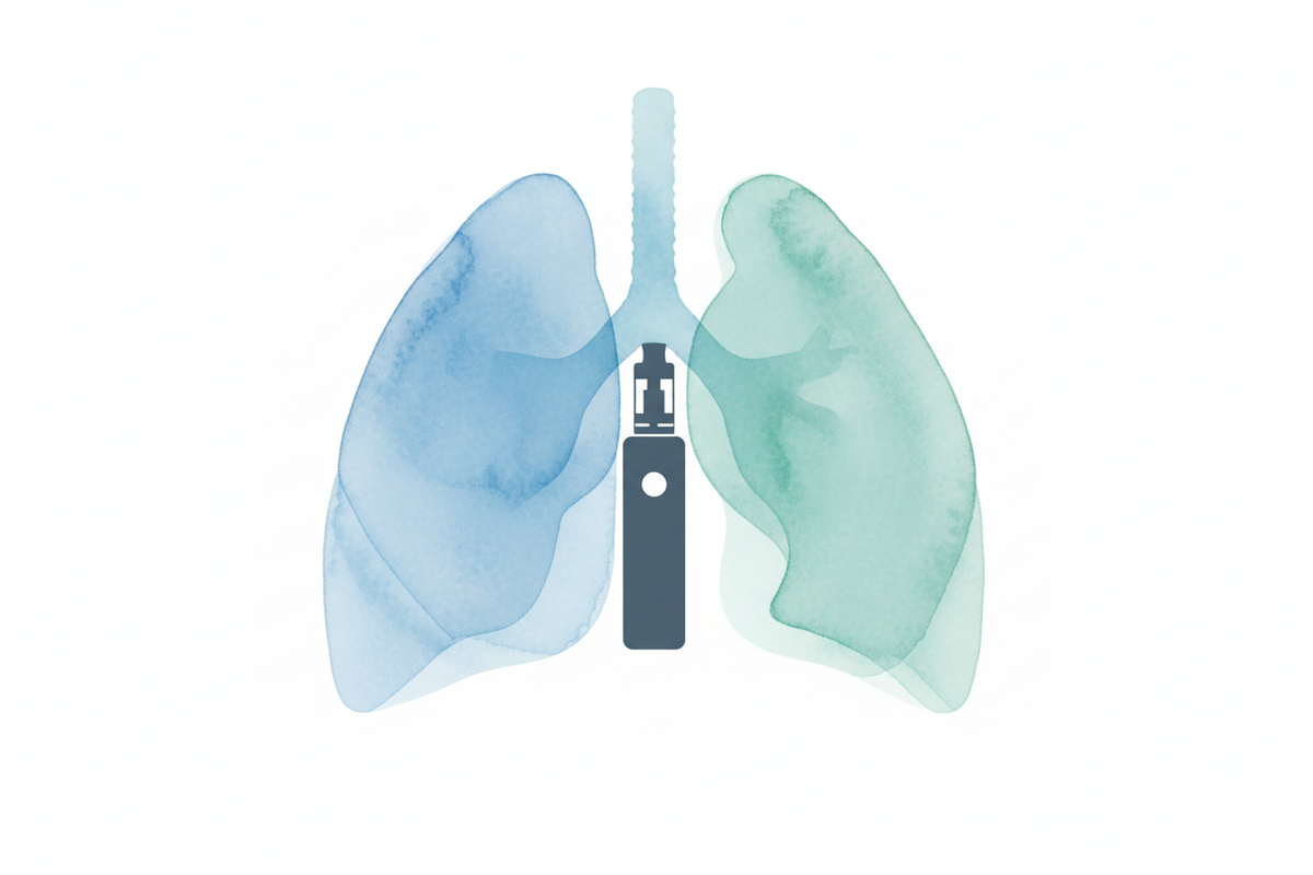 Illustration des effets de la vape sur les poumons : irritation possible, absence de combustion, amélioration chez les ex‑fumeurs et clarification du cas EVALI.