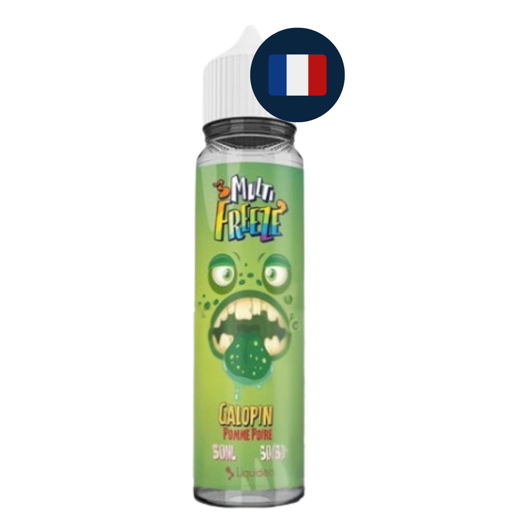 E‑liquide Multi Freeze Galipette Liquideo, flacon 50 ml avec mention Made in France sur fond lumineux.