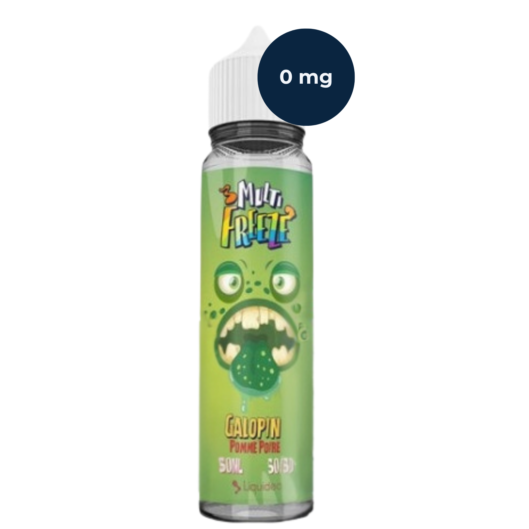 Flacon d’e‑liquide Multi Freeze Galipette Liquideo en version 0 mg, présenté sur fond lumineux effet Freeze.