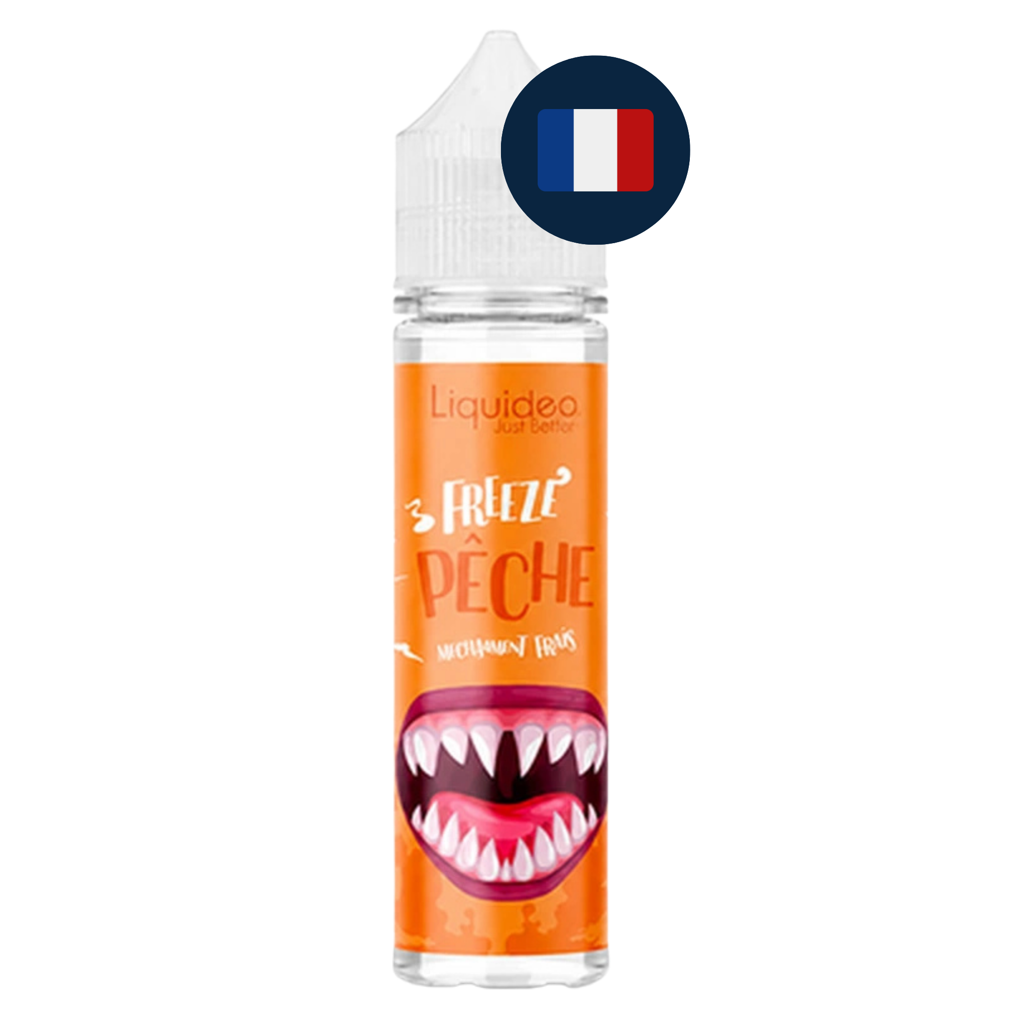Flacon Pêche Liquideo Freeze 50ml fabriqué en France, drapeau français