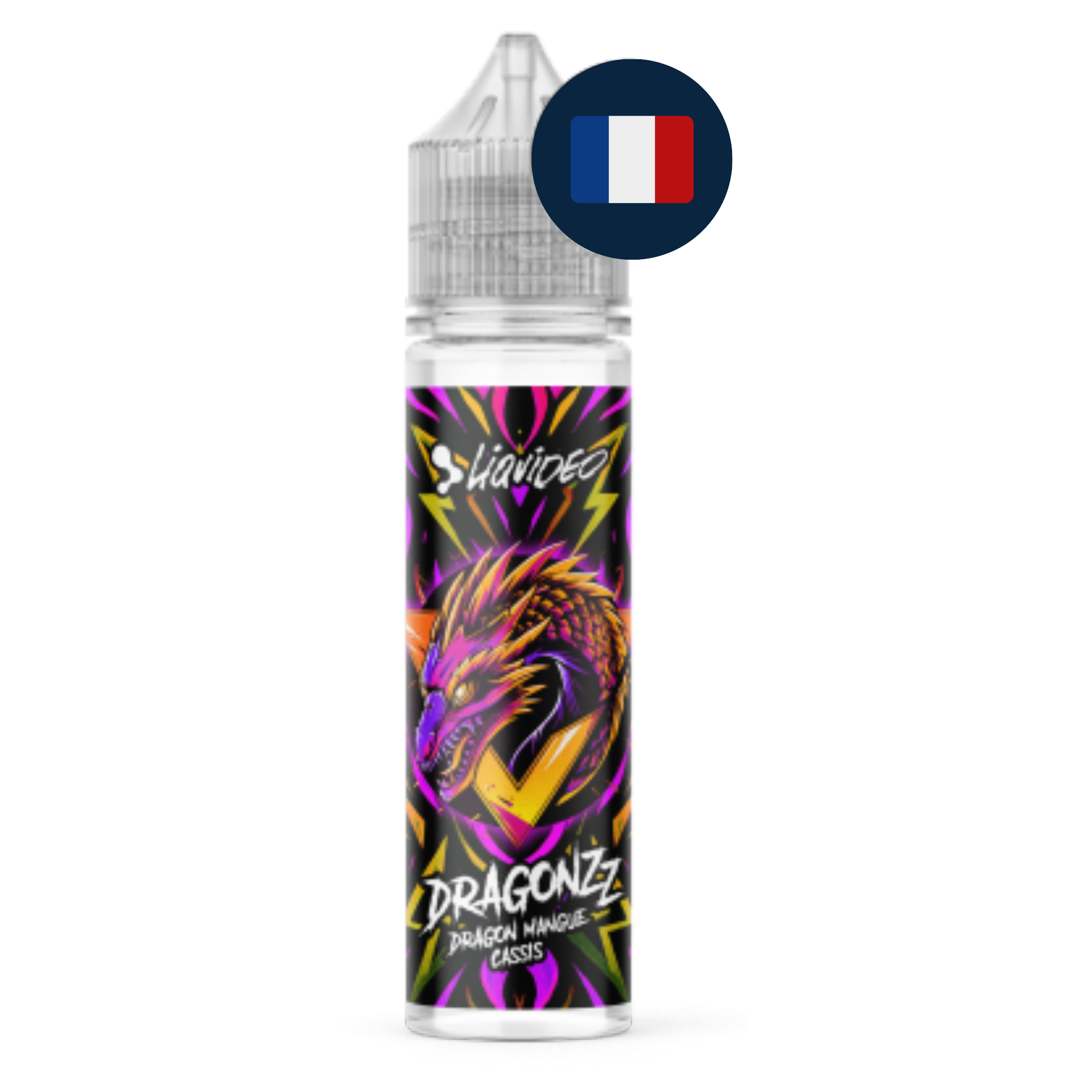 E‑liquide Dragonzz Mangue Cassis 50 ml présenté en version française avec drapeau français.