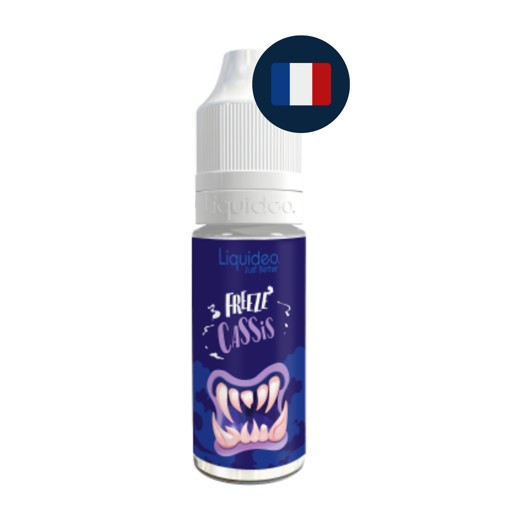 Flacon Liquideo Freeze Cassis 10 ml en mise en scène fruitée et glacée.