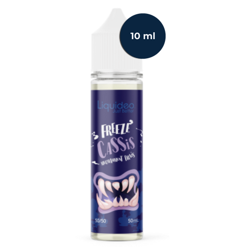 Flacon Liquideo Freeze Cassis 50 ml en mise en scène fruitée et givrée.