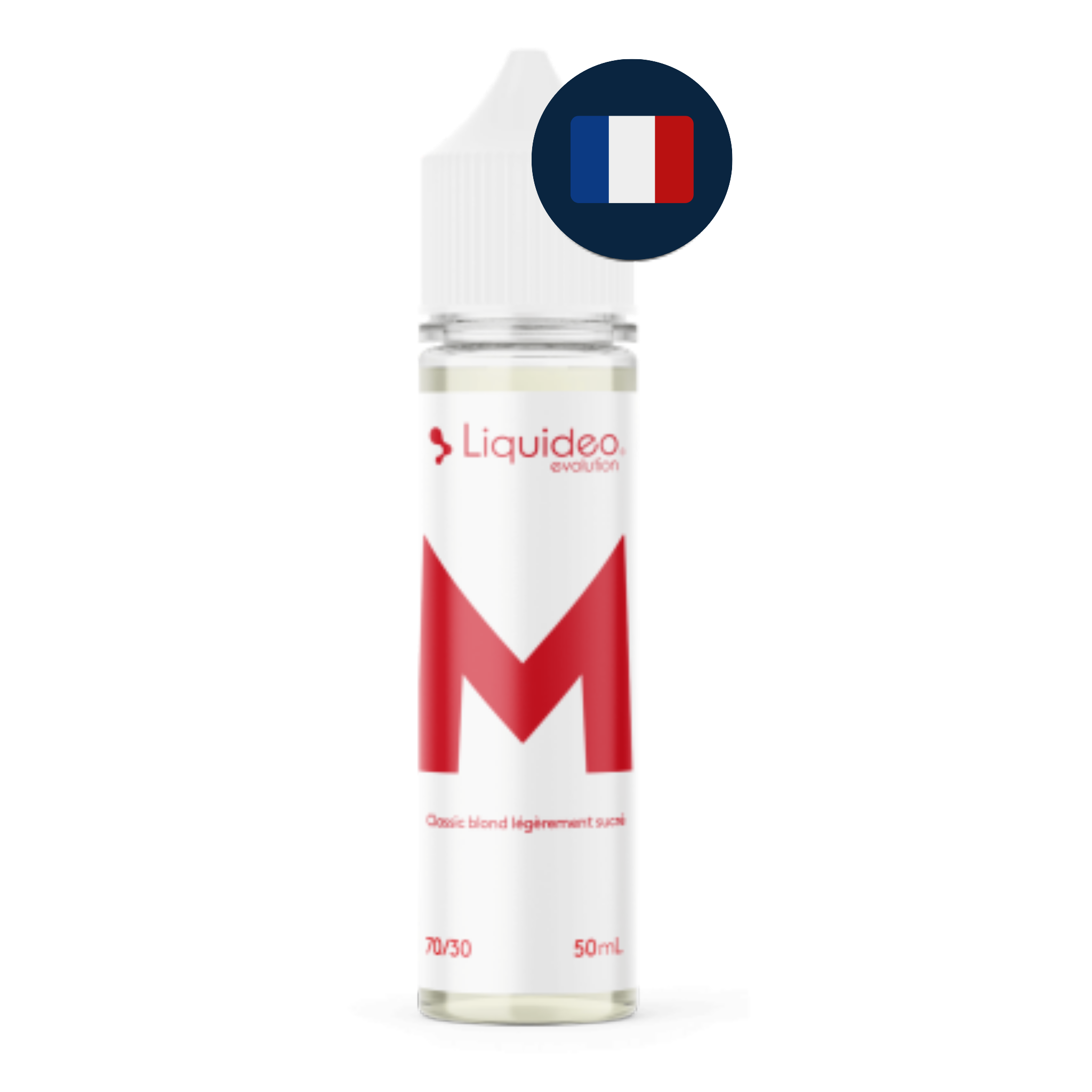 E‑liquide Le M 50 ml présenté en version française avec drapeau français.