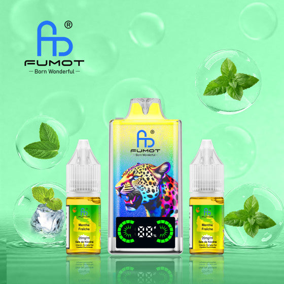 Packaging de la Puff Fumot Leopard 40K Menthe Fraîche, puff rechargeable avec flacons de recharge.