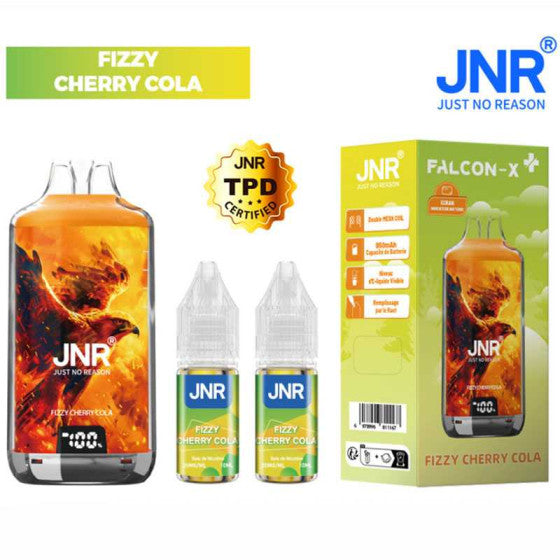 Packaging de la Puff Falcon X JNR 28K Cola Cerise, puff rechargeable avec flacons de recharge.