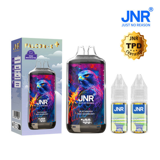 Packaging de la Puff Falcon X JNR 28K Mûre Framboise, puff rechargeable avec flacons de recharge.